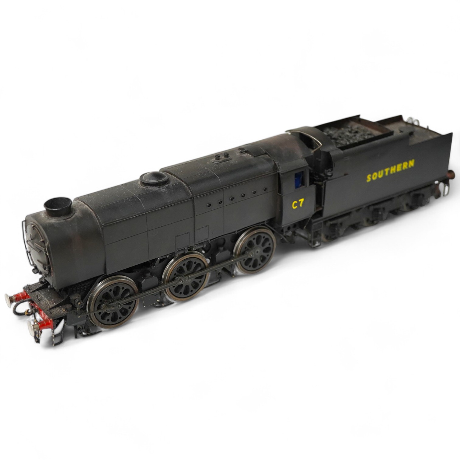 An 0 gauge kit built model railway locomotive by John Worsley, a Southern Railway Q1 class 0-6-0, C7, a highly detailed model with opening smoke box door showing the details of the blast pipe and boiler tube ends, sprung